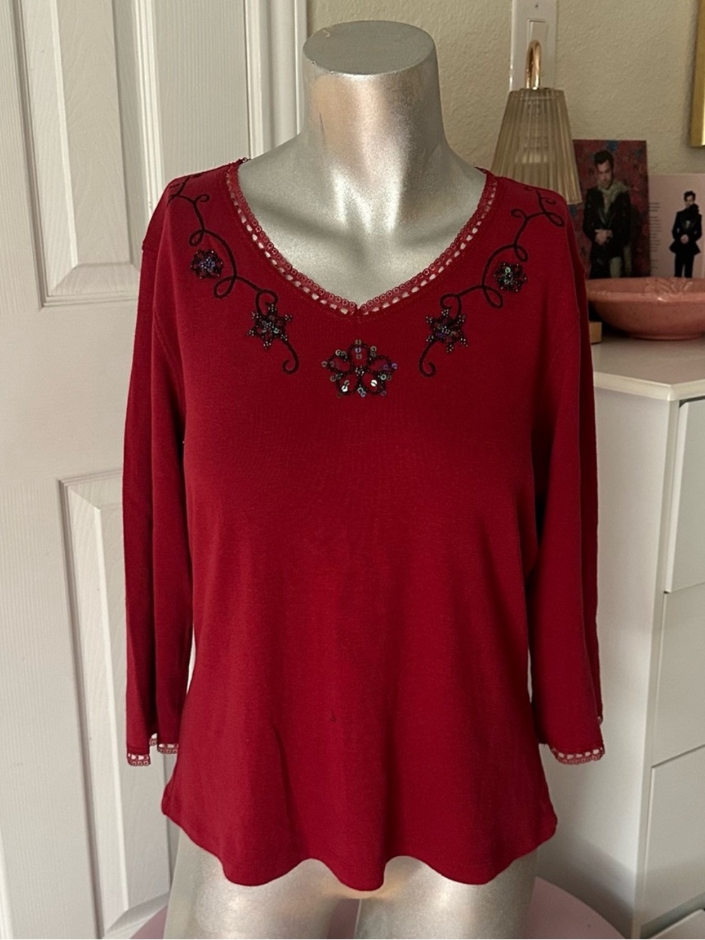 Y2K Christopher & Banks Lace Trim Beaded Floral Embroidery Quarter Sleeve Top